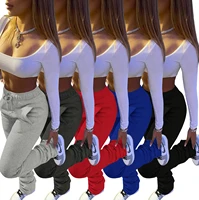 stacked pants women plain color sweatpants sporty bell bottom pleated leggings warm thick fleece cargo pants fitness trousers