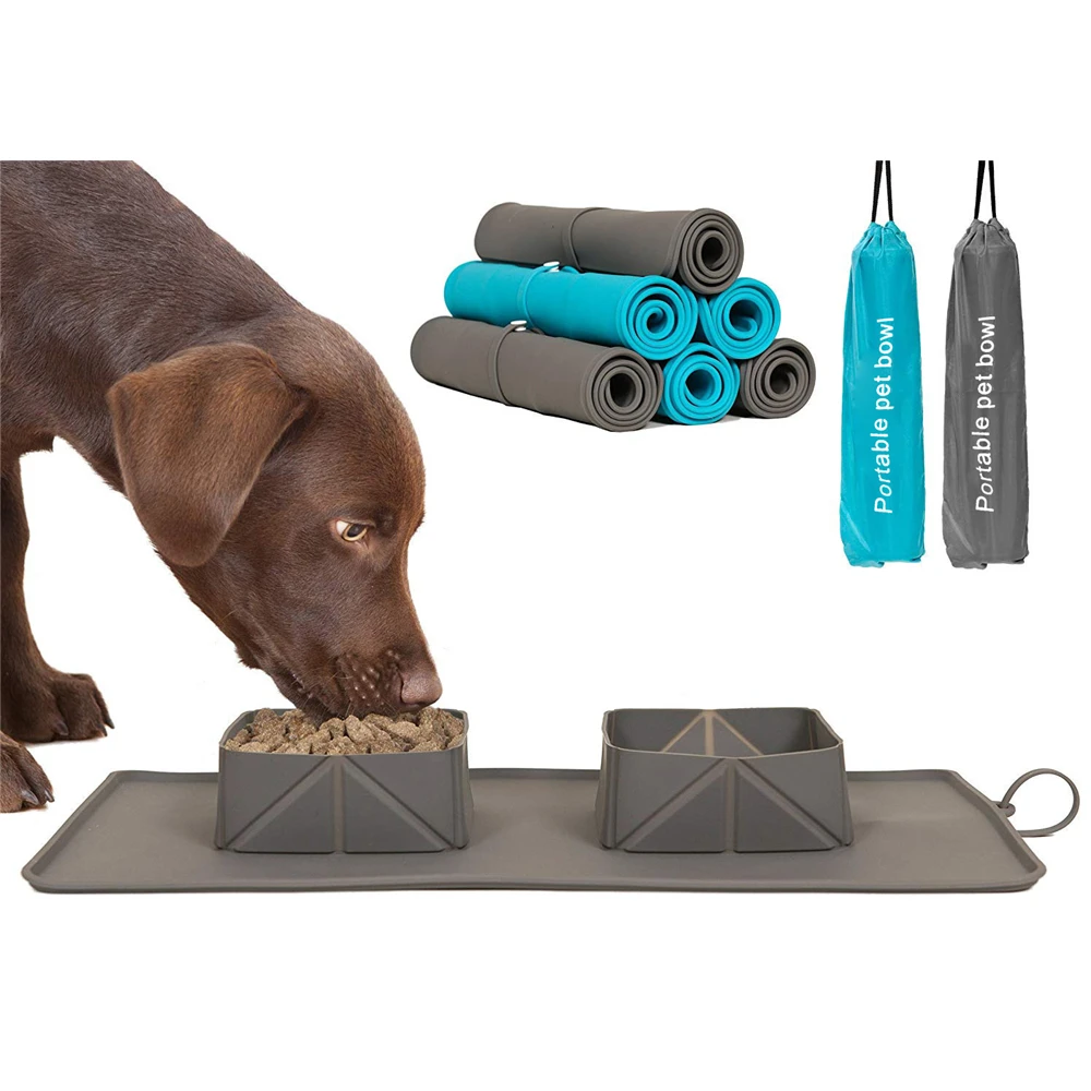 

Нескользящая двойная миска для собак с силиконовым ковриком, Прочная Складная миска для кормления питомцев, питьевые миски для собак и коше...