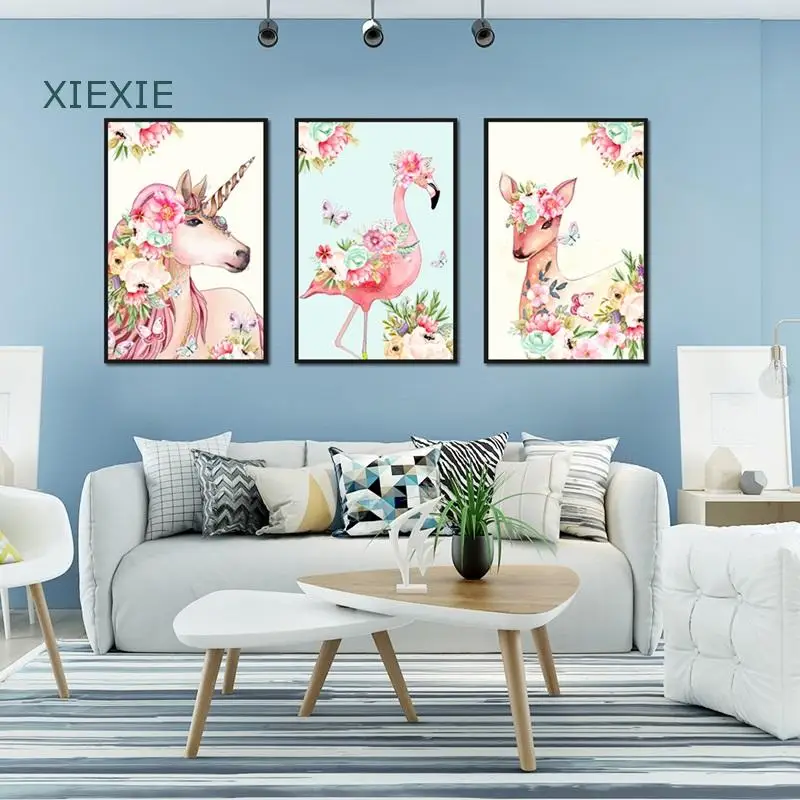 

Flamingo Deer Unicorn with Colorful Flowers Watercolor Posters Pink Canvas Painting for Living Room Modern Home Decoration