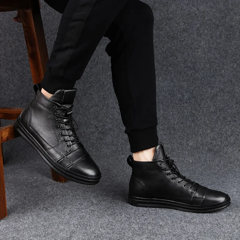 

1347-High Top Genuine Leather Men Casual Shoes Large Size38-48 Spring Autumn Winter Warm Shoes Men 2019 Fashion Lace-up F