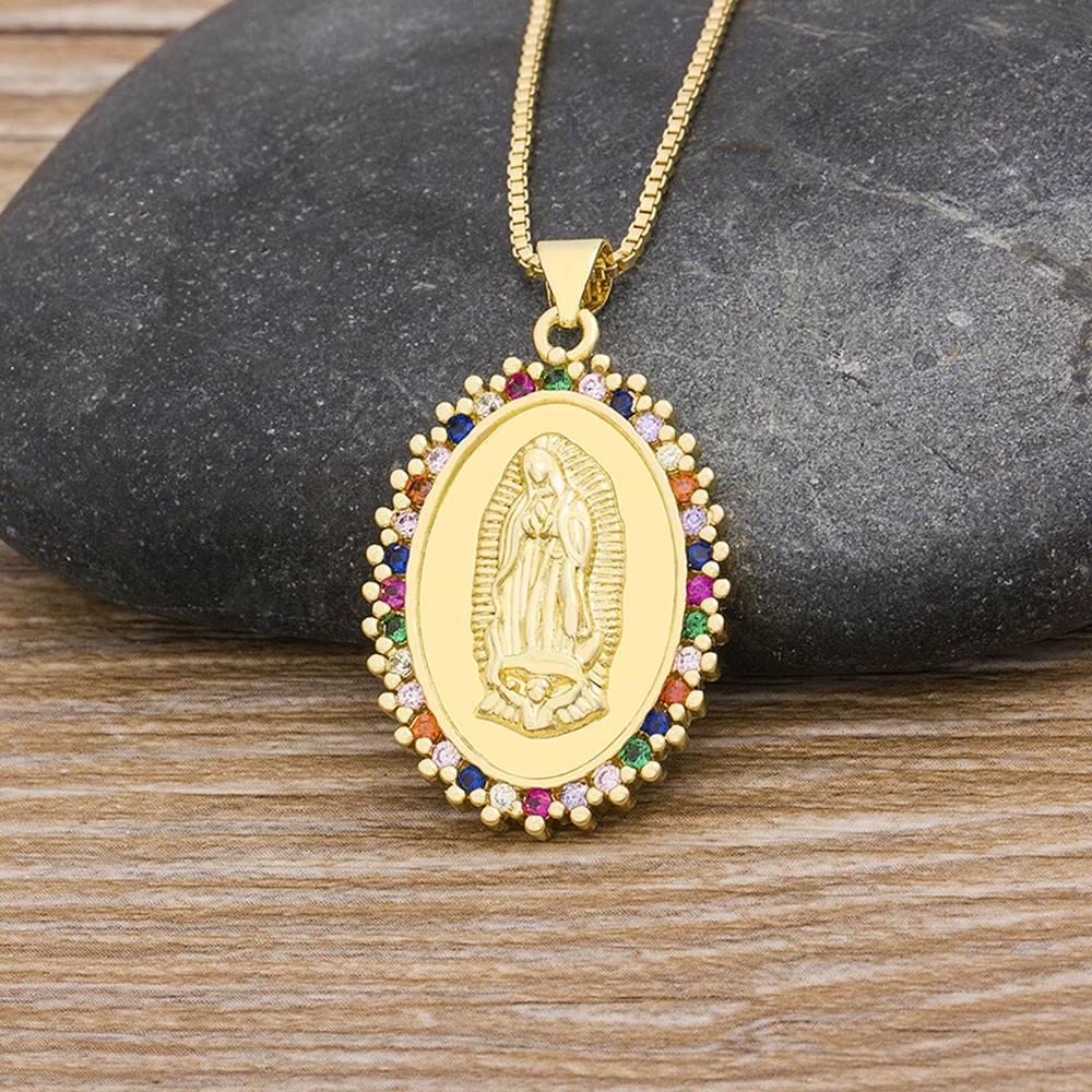 

AIBEF High Quality Rainbow CZ Stone Virgin Mary Necklaces Pendant Copper Chain Christian Jewelry Women Christmas Birthday Gift
