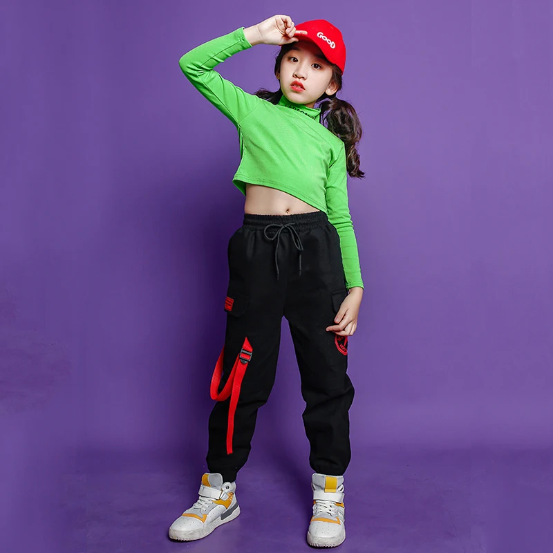 

Girls Hip Hop Carnaval Clothing Green Sweatshirt Tops Jogger Pants Girls Jazz Dance wear Costume Festival Clothes for kids