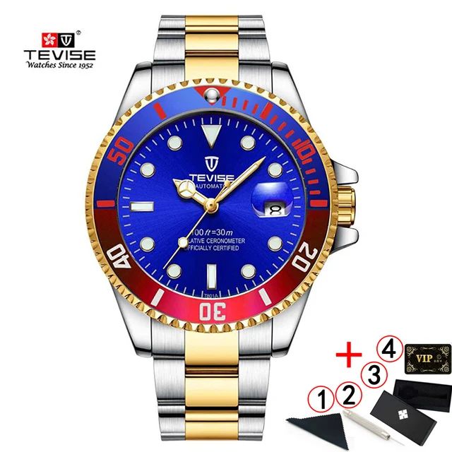 10-blue-red-slv-box TEVISE T801 автоматические механические часы для мужчин водонепроницаемые мужские часы Топ бренд класса люкс синие наручные часы Relogio Masculino - Цвет: 10-blue-red-slv-box