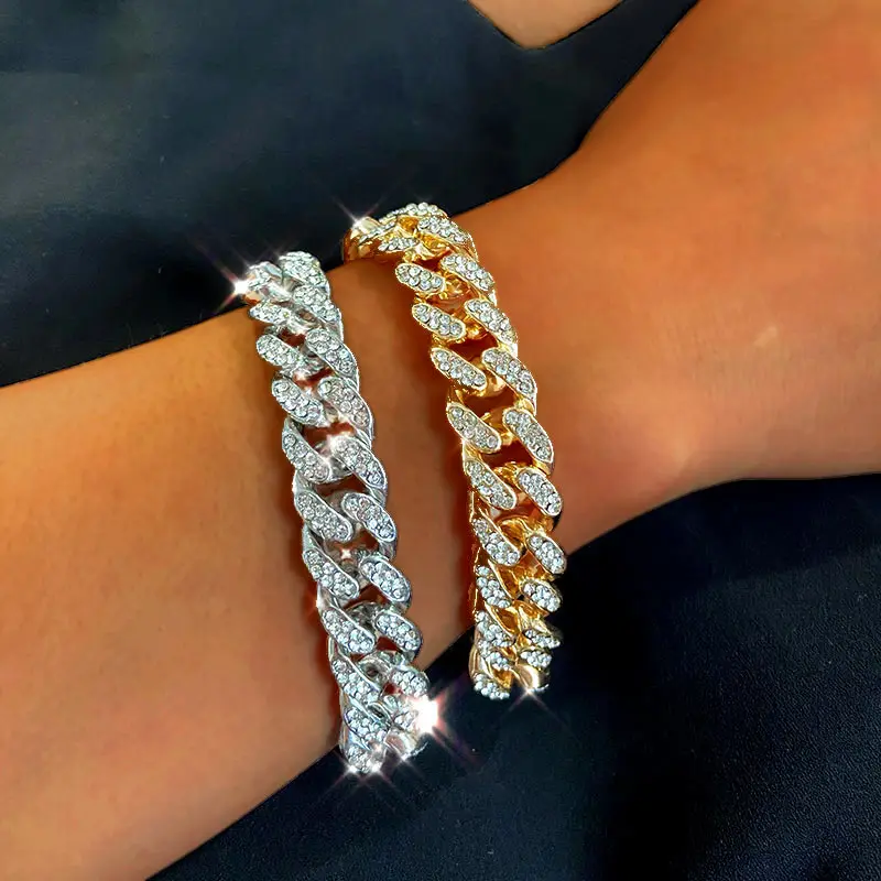 

New Punk Crystal Rhinestone Thick Cuban Chain Bracelet For Women Gold Silver Color Hip Hop Chunky Metal Bracelet Party Jewelry