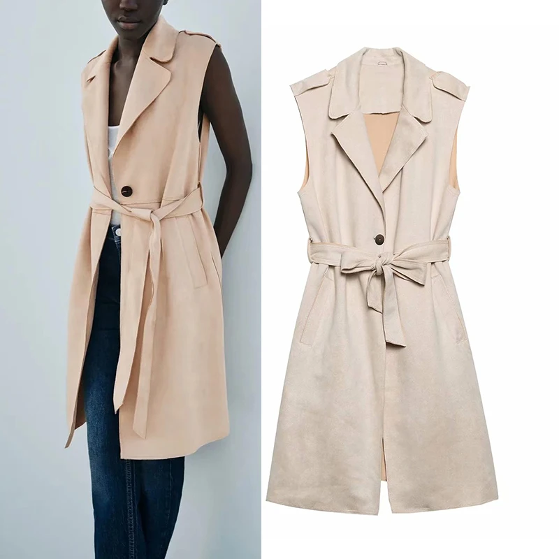 

Женская уличная куртка ZA, длинная Повседневная приталенная куртка с V-образным вырезом и поясом, осень 2021