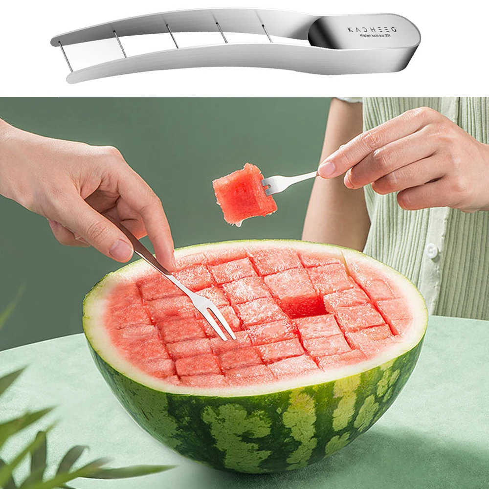 

NewWatermelon Slicer Divider Cutter Stainless Steel Melon Cubes Cutters Fruit Tool Safe Durable Simple Steps Convenience