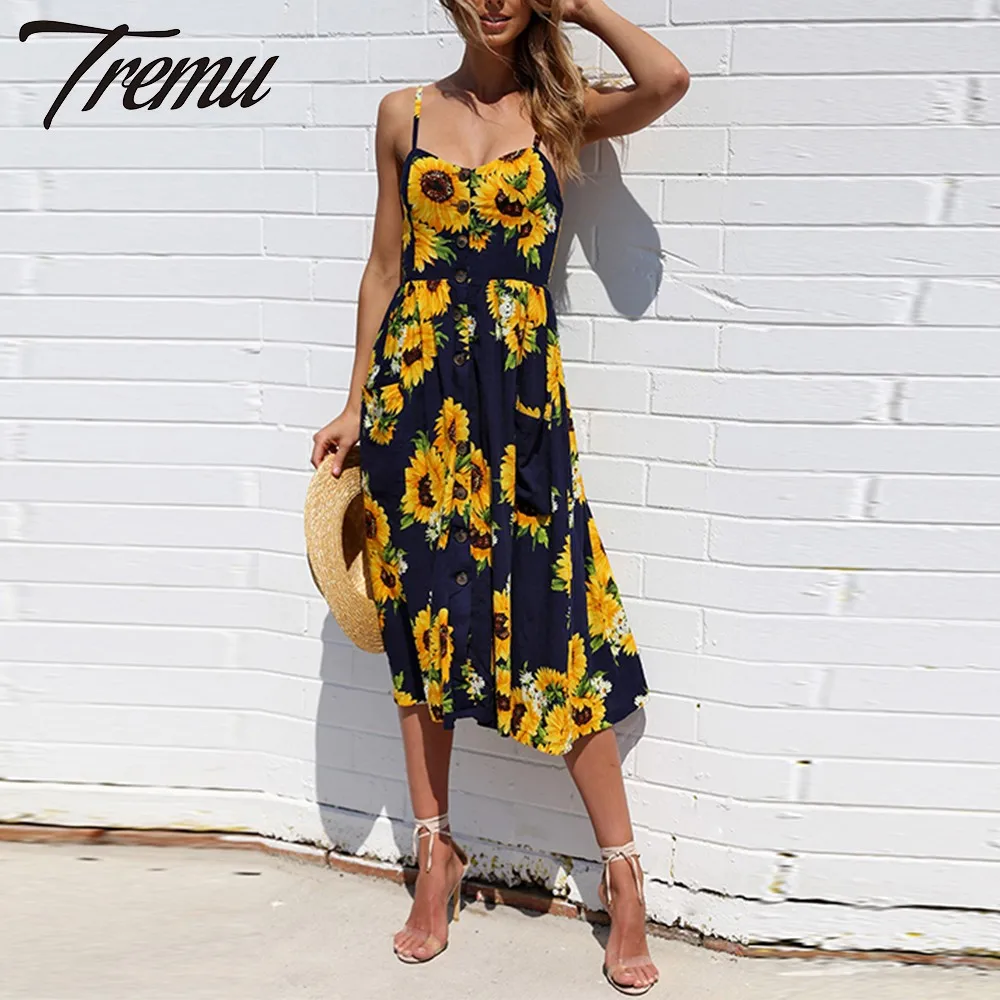 

TREMU Black V-Neck Floral Dress Ladies Spaghetti Strap Sunflower Print Sleeveless Camisole Casual Midi Dresses