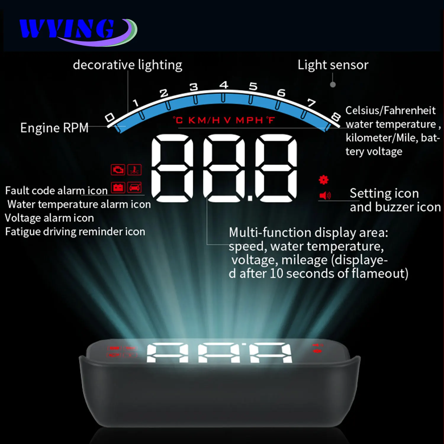 

WYING M6S OBD HUD Car Head Up Display With Lens Hood OBD2 Engine RPM Speed Meter Voltage Water Temperature Alarm
