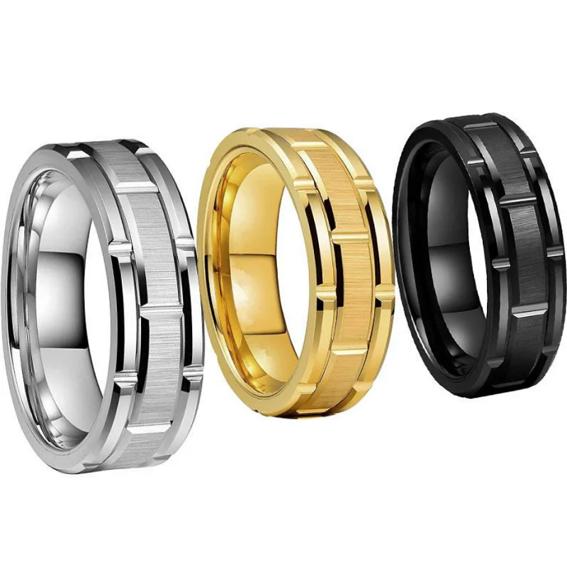 

8mm Black Ring for Men Women Groove Rainbow Stainless Steel Wedding Bands Trendy Fraternal Rings Casual Male Gothic Jewelry