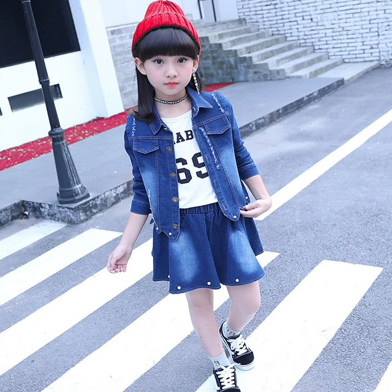 Одежда для девочек джинсовая модная спортивная куртка из трех предметов +