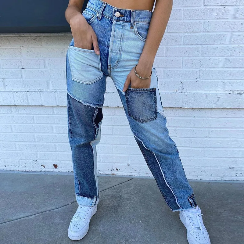 

Autumn and winter streetwear fashion women's sexy high waist pants stitching pockets slim straight jeans women