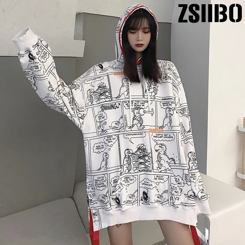 Готические толстовки с капюшоном мультяшным принтом динозавра Harajuku осенние