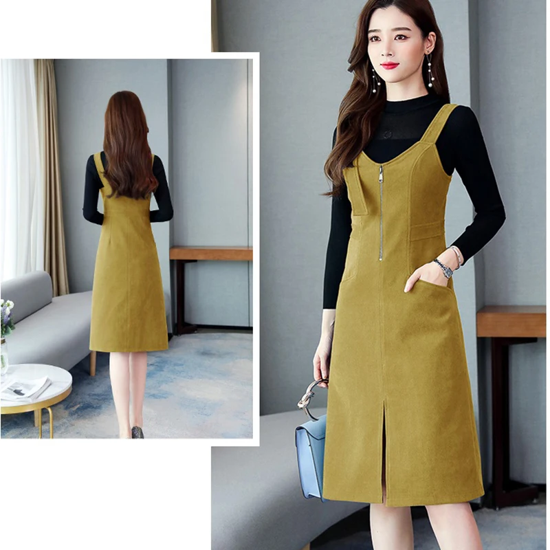 

Office Lady Suspender Dress + Black Knitted Sweater Pullover Tops Spring Suit Elegant Plus Size Two Piece Set Women Clothing 586