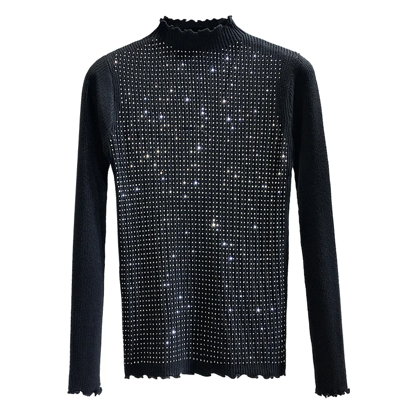 Женский трикотажный свитер с оборками и бисером однотонный эластичный пуловер