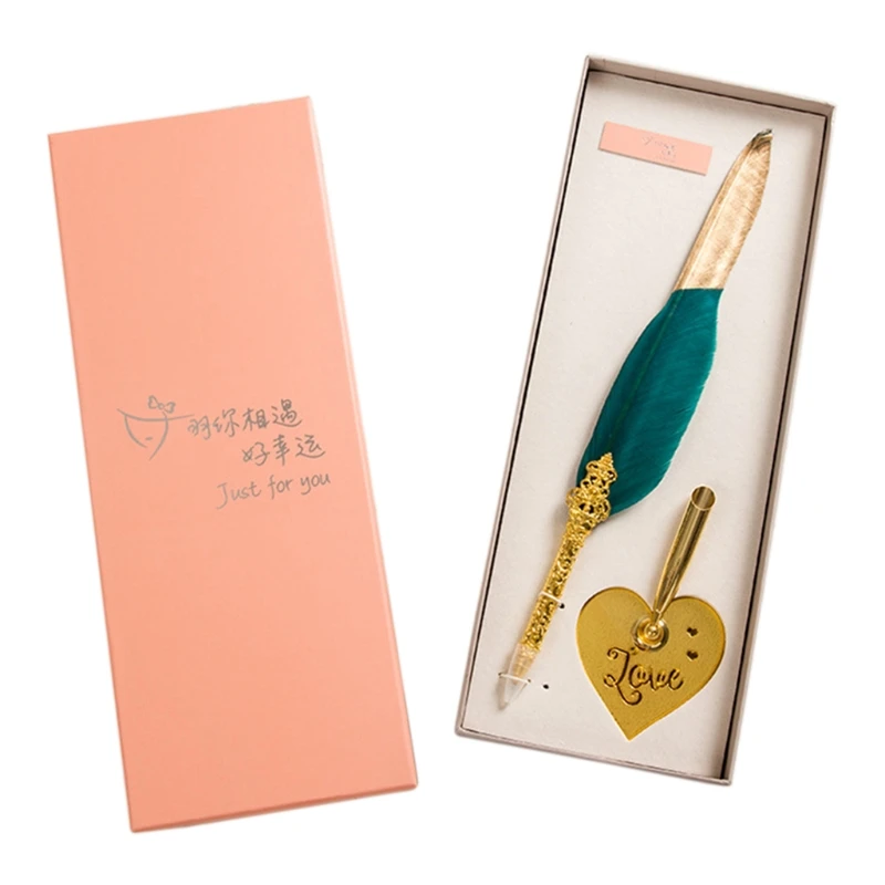 

W3JD Vintage 0.5mm Quill Dip Feather Pen Signature Ballpoint Pens with Heart Base Calligraphy Writing Office School Supplies