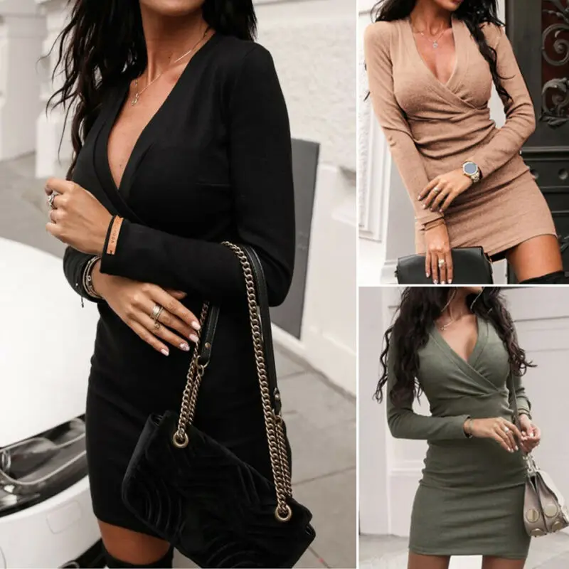 Женские платья повседневные с v-образным вырезом женские зимние длинным рукавом