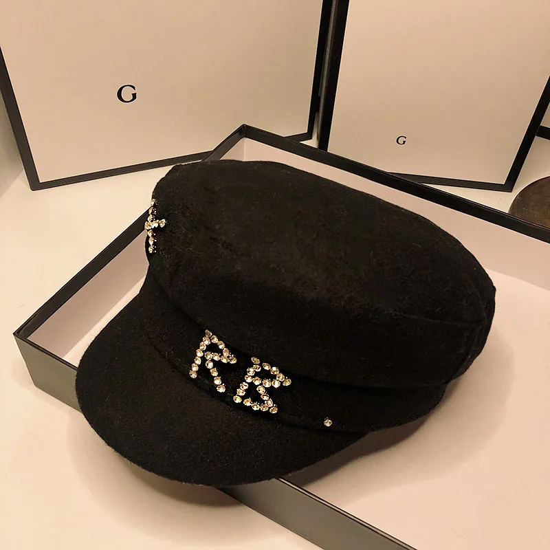 

HT115 New Winter hats Crystal embellished wool baker boy hat women wool newsboy caps diamond letter thick flat visor caps
