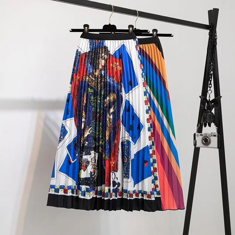 

Летняя мода 2021, европейские Брендовые юбки FAKUNTN с принтом, Женская плиссированная юбка до середины икры с высокой талией и мультяшным принто...