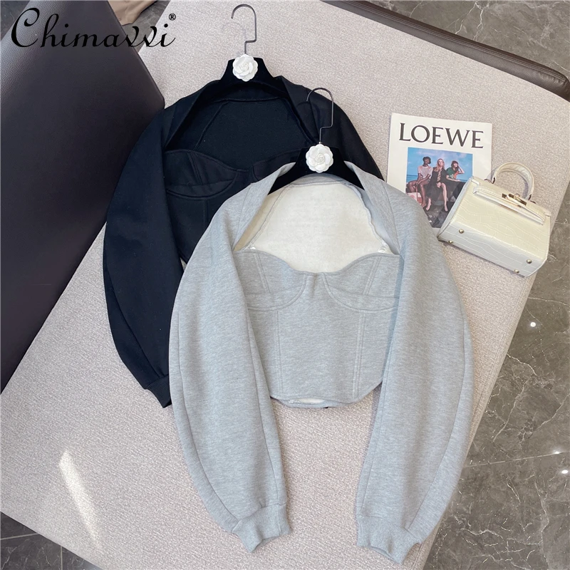 

2021 New Winter Clothes Sexy Tube Top Design Warm Velvet Sweatshirts Slim Fit Temperament Pure Color Hoodies All-matching