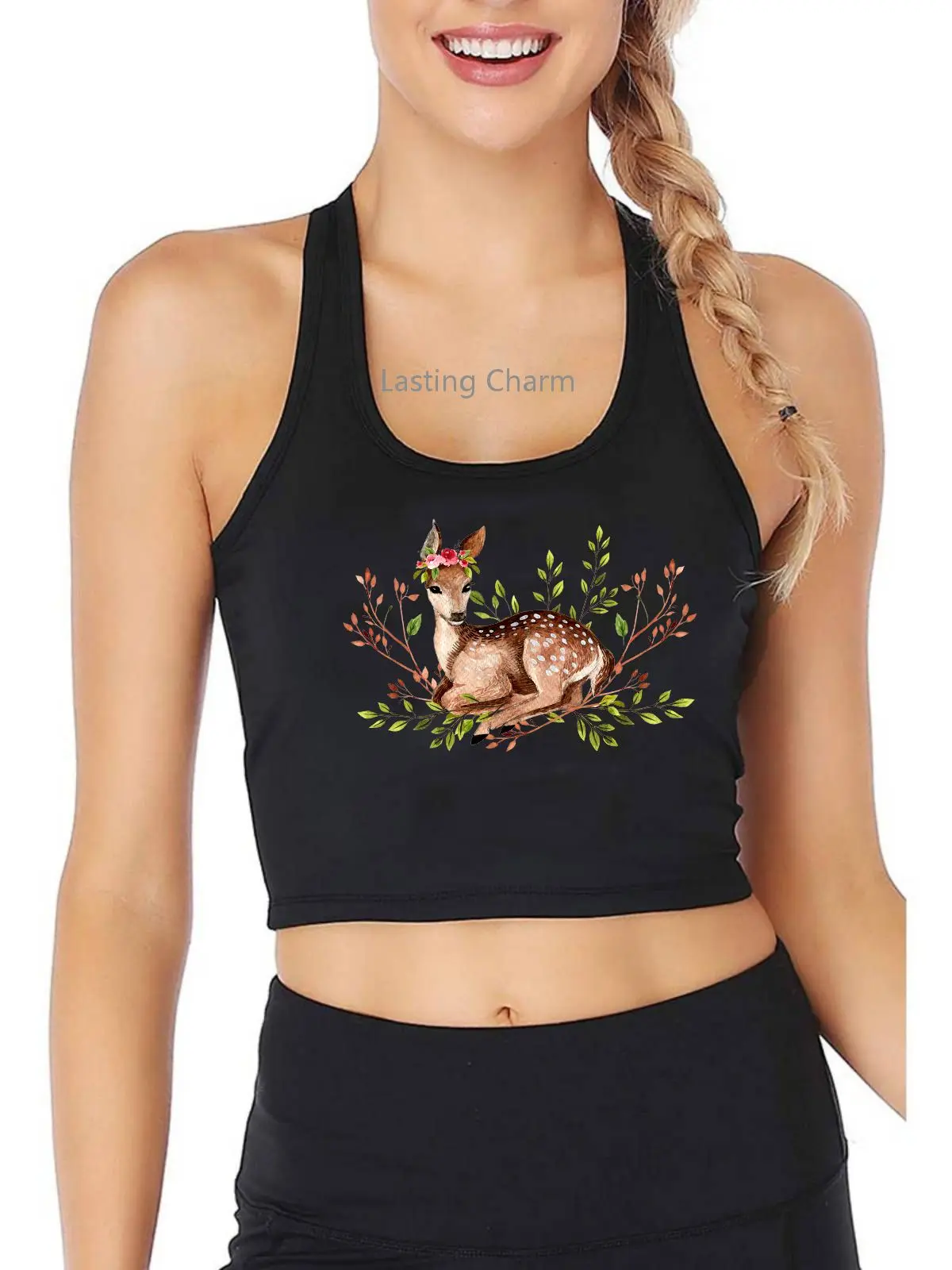 

Sika deer print top with garland Print Tank Top Women's Personalized Gym Yoga Sports Workout Crop Top