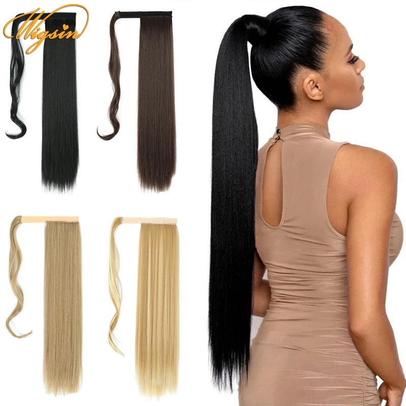 WIGSIN Synthetic Long Straight Ponytail Wrap Around Clip In Hair Extension 22Inch Natural Brown Ash Gold For Hairpiece Women