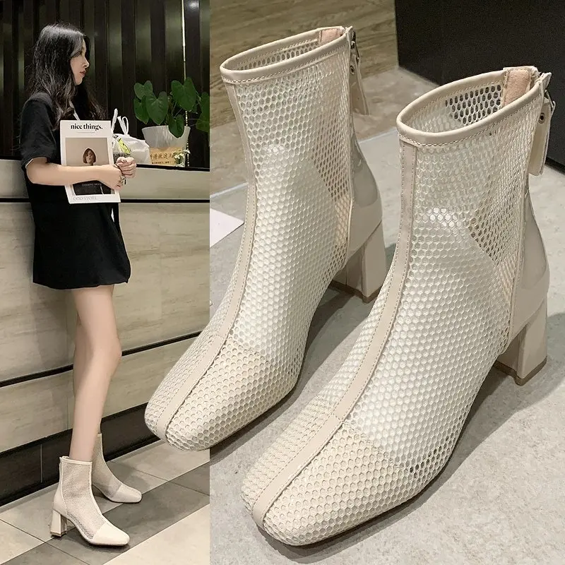 

Martin boots women's sandals hollow breathable mesh boots thick heels high heels mesh boots sandals summer short boots X799