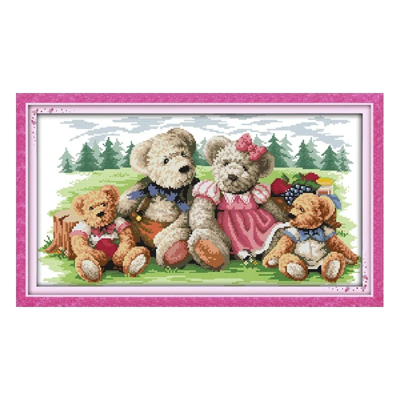 Тедди мишка семья 2 картины из мультфильмов рассчитаны на холст DMC 11CT 14CT Китайская