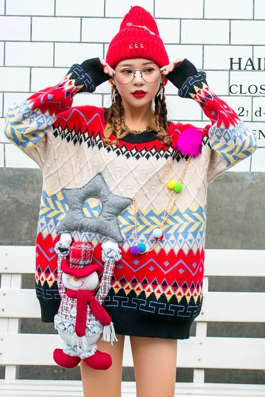 

European station autumn and winter thickening outer wear loose retro striped sweater female heavy industry hedging trend