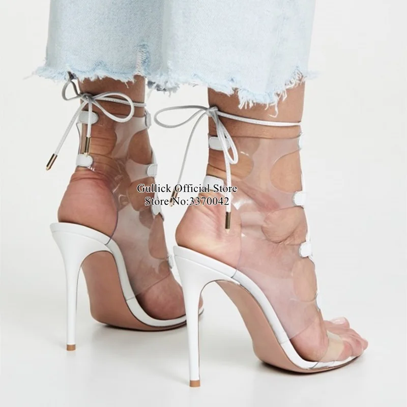 Harga Seksi Sepatu Hak Tinggi PVC Tumit Tinggi Sandal Putih Renda Sandal Tali Cut-Out Peep Toe Berongga Gaun Pesta Sepatu Drop Kapal