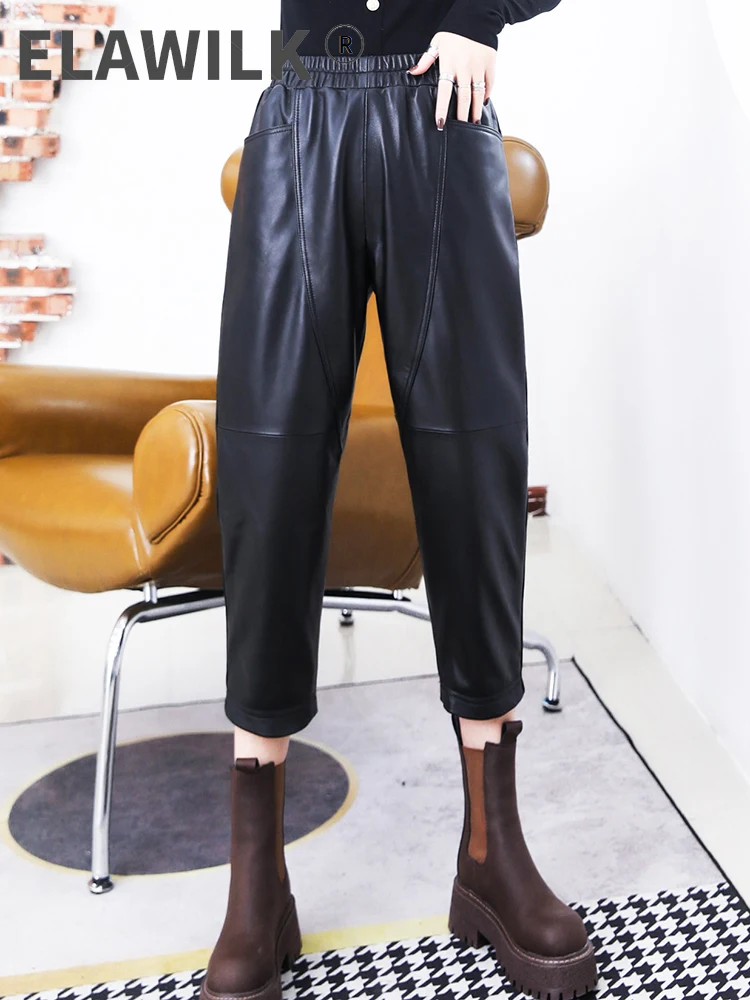 

2021 Spring Autumn Women's Genuine leather casual Ninth pants High quality sheepskin leather Harem pants C104