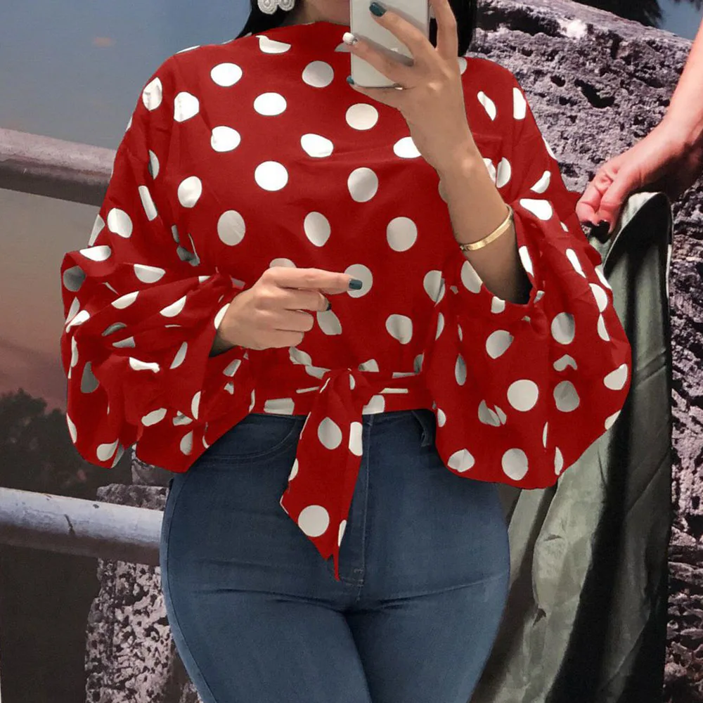 

Summer Office Lady Sweet Plus Size Red Elegant Blouses Women 2020 Casual Loose Lantern Sleeve Polka Dots Fall Female Top Shirt