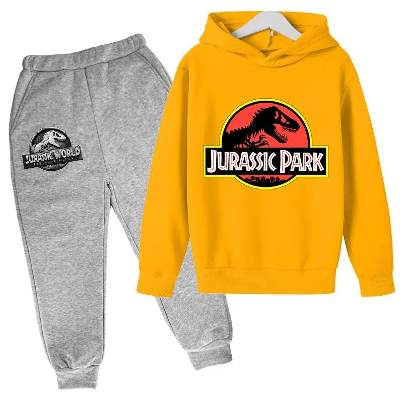 

2021 Fashion Printed Boy Girl Kids Hoodies Sweatshirts Jurassic Park Children Casual Suit Pullover Cool Tops Jacket 2 Pieces Set