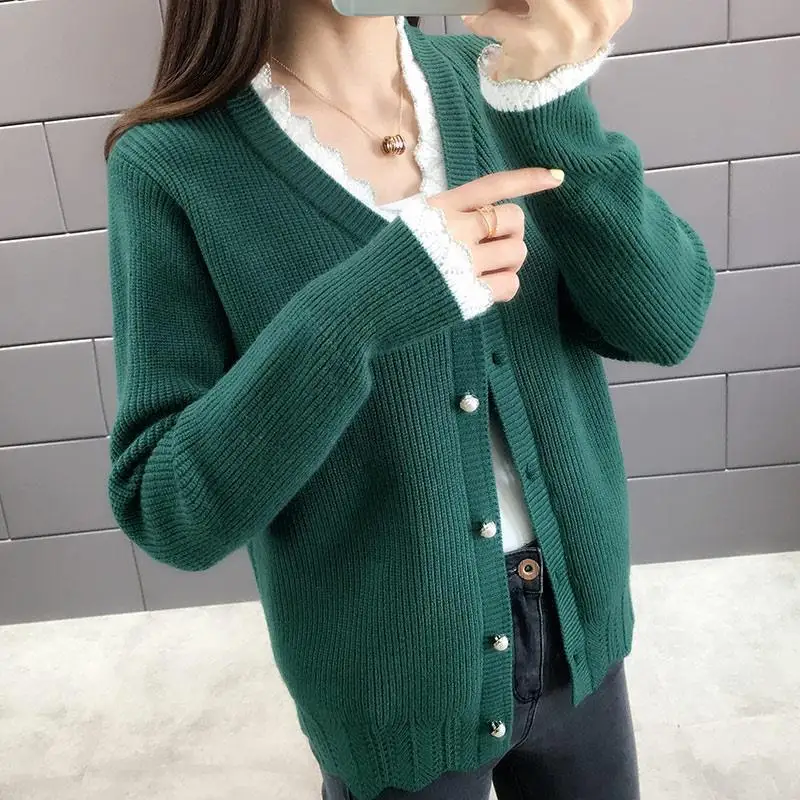 

Autumn and winter new fashion ladies cardigan splicing lace jacket women's knitted sweater western style top leisure