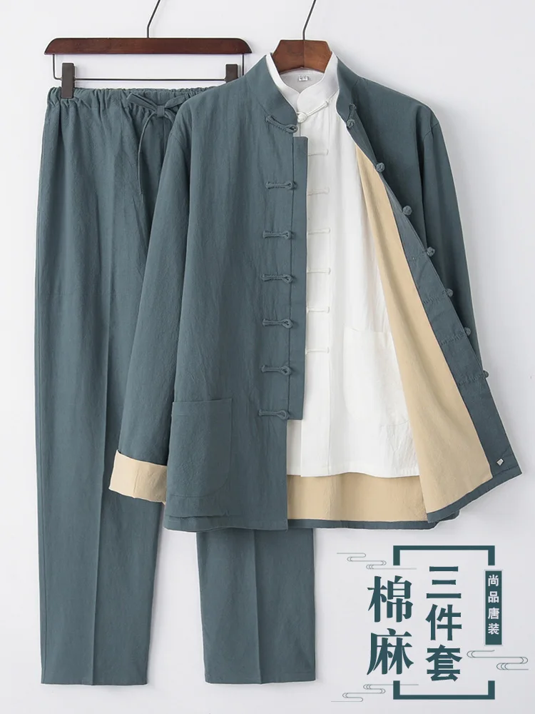 Autumn New Tang Costume Men's Youth Long-Sleeve Suit Middle-Aged and Elderly Linen Coat Three-Piece Suit Chinese Style Chinese