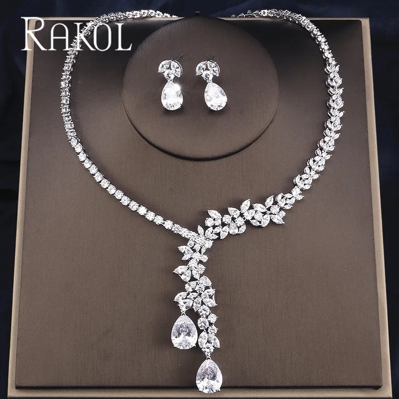 RAKOL Роскошные Искрящийся Блестящий кубический циркон серьги ожерелье тяжелый