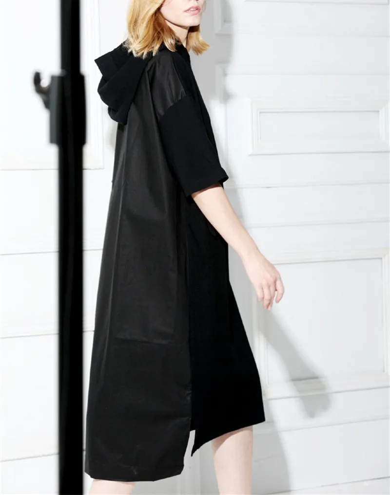 

cotton polyester spliced women summer new fashion hooded long dress EU size one&over