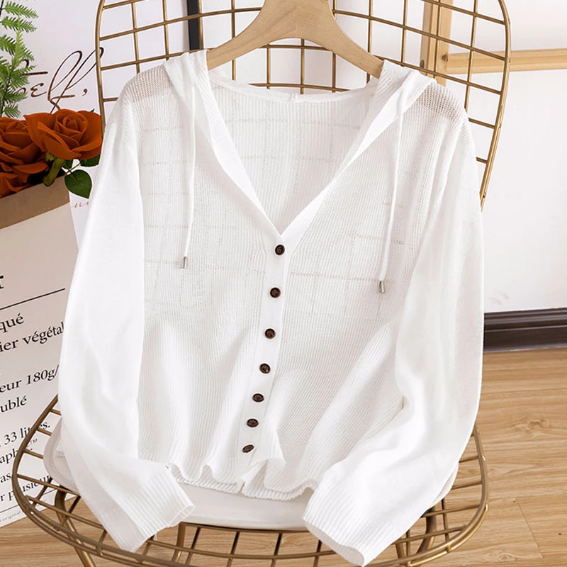 

Женский вязаный кардиган с капюшоном, белый свитер из вискозы с длинным рукавом и V-образным вырезом, тонкие топы, одежда для защиты от солнц...