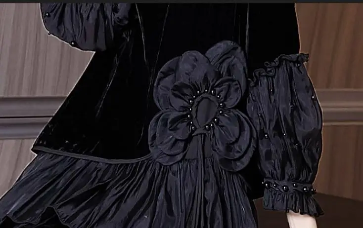 

2020 Fall Spring Women Ruffles Beading Patchwork Black Velvet Dress , 3xl Lantern Sleeve Velour Dresses for Woman Clothing