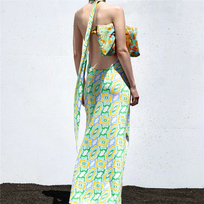 

Summer Fashion Ladies Backless Beach Dresses Casual Woman Green Halter Print Long Dress Female Sleeveless Midi Dress