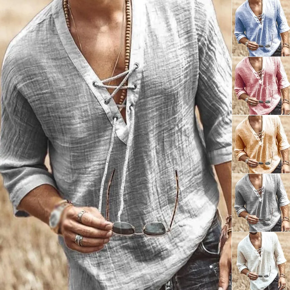 

Fashion New Men Casual Retro V-Neck Mid-Sleeve Shirt Casual Loose Tee T-Shirt Blouse Tops L-XXXL 2021