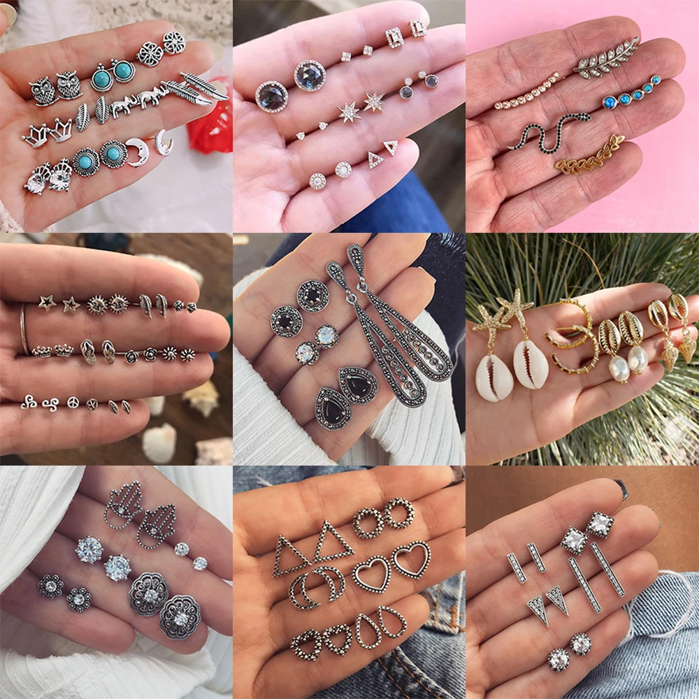 Набор серег-гвоздиков в винтажном стиле для женщин, миниатюрные украшения в стиле бохо с геометрическим рисунком, ракушки, цветов, звезд, кисти рук, камни, 2019