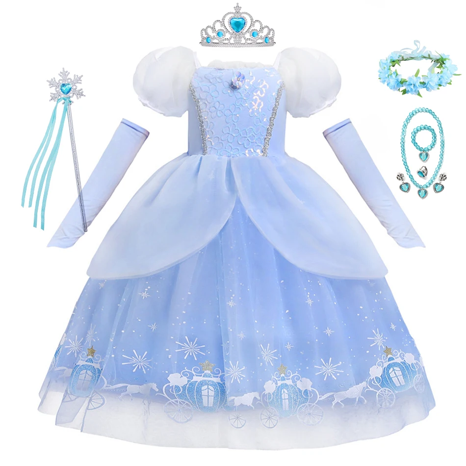 Disney Cinderella Princess Cosplay Dress for Girl Kids Ball Gown Sequin Carnival TUTU Puff Mesh Clothing for Birthday Gift