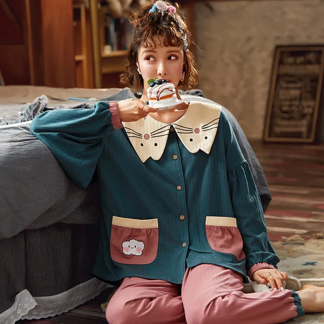 

Женские пижамы, осенняя теплая хлопковая одежда для сна с длинным рукавом, милая уличная Женская домашняя одежда в стиле принцессы, спально...