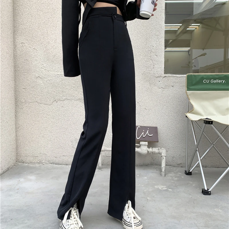 

Fashion Split Slim Flare Pants Black High Waist Elastic Close Fitting Pants High Street Pencil Pants 2021 Long Trouser