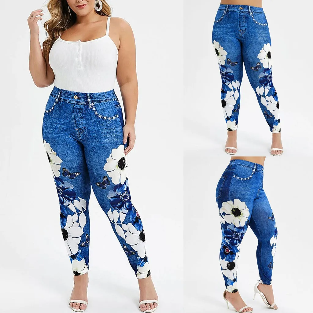 

New Leggings Women Flower Print Plus Size Leggins Imitation Cowboy Legging Elasticity Slim Cropped Pants Лоссины Для Фитнеса#