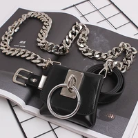 2020 brand design wide chain mini fanny packs black pu leather waist belt with coin bag punk street ring waist packs chest bag