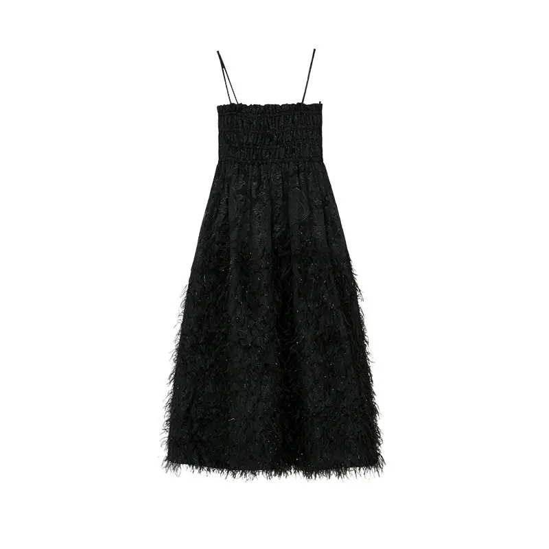 

XITAO Spring New Black Spaghetti Strap Dress Fashion Splicing Tassel Big Hem Shrink Waist Temperament All-match Women ZY5323