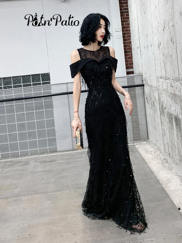 

Black Cocktail Party Dresses 2022 Elegant O-Neck Off The Shoulder Sequin Mermaid Prom Gowns Long