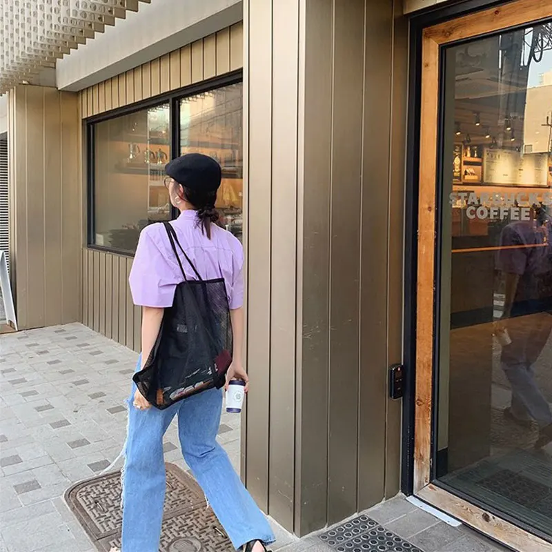 

Fashion Women Mesh Handbag 2021 Ladies Foldable Shopping Shoulder Bag Causal Totes New Summer Beach Handbags Hollow hz50001