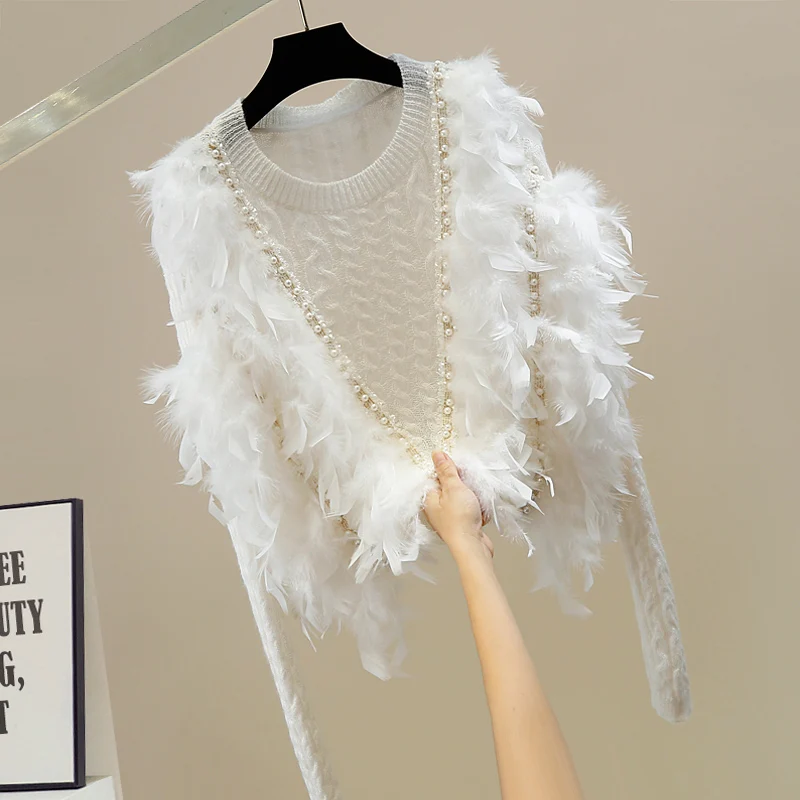 

2021 Autumn Winter Heavy Industry Beads Tassel Feather Sweet Girls Sweater Long-Sleeved Sweaters Top Women Thin Knit Pullovers
